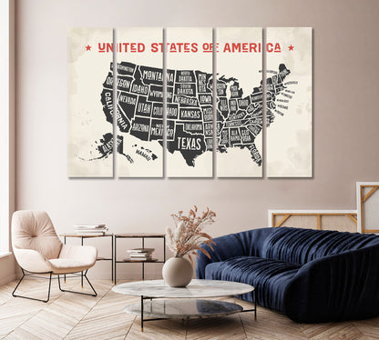 United States America Map Wall Art-Canvas Print-CetArt-1 Panel-24x16 inches-CetArt