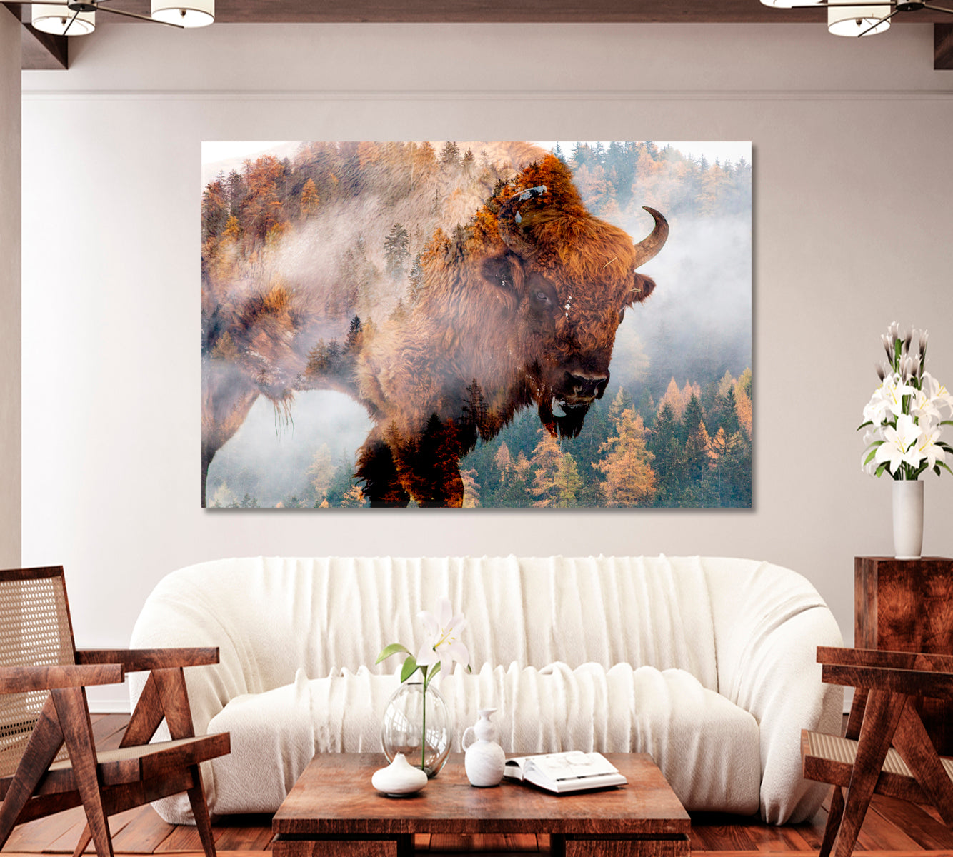 Bison in Forest Art For Home-Canvas Print-CetArt-1 Panel-24x16 inches-CetArt