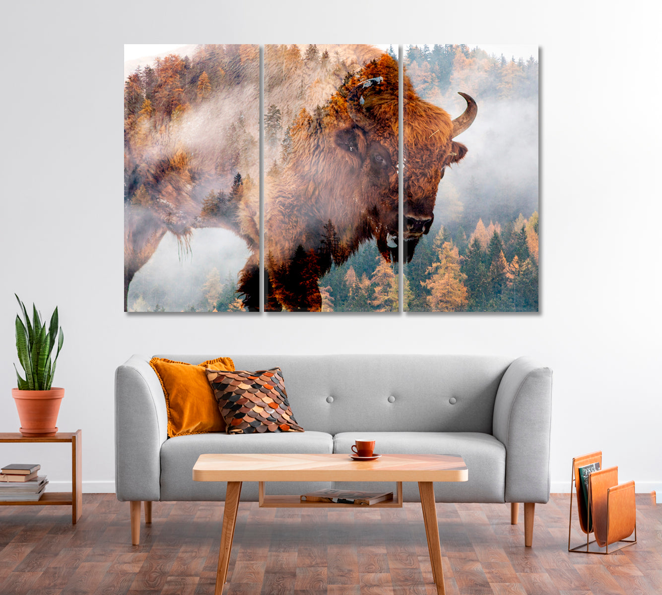 Bison in Forest Art For Home-Canvas Print-CetArt-1 Panel-24x16 inches-CetArt