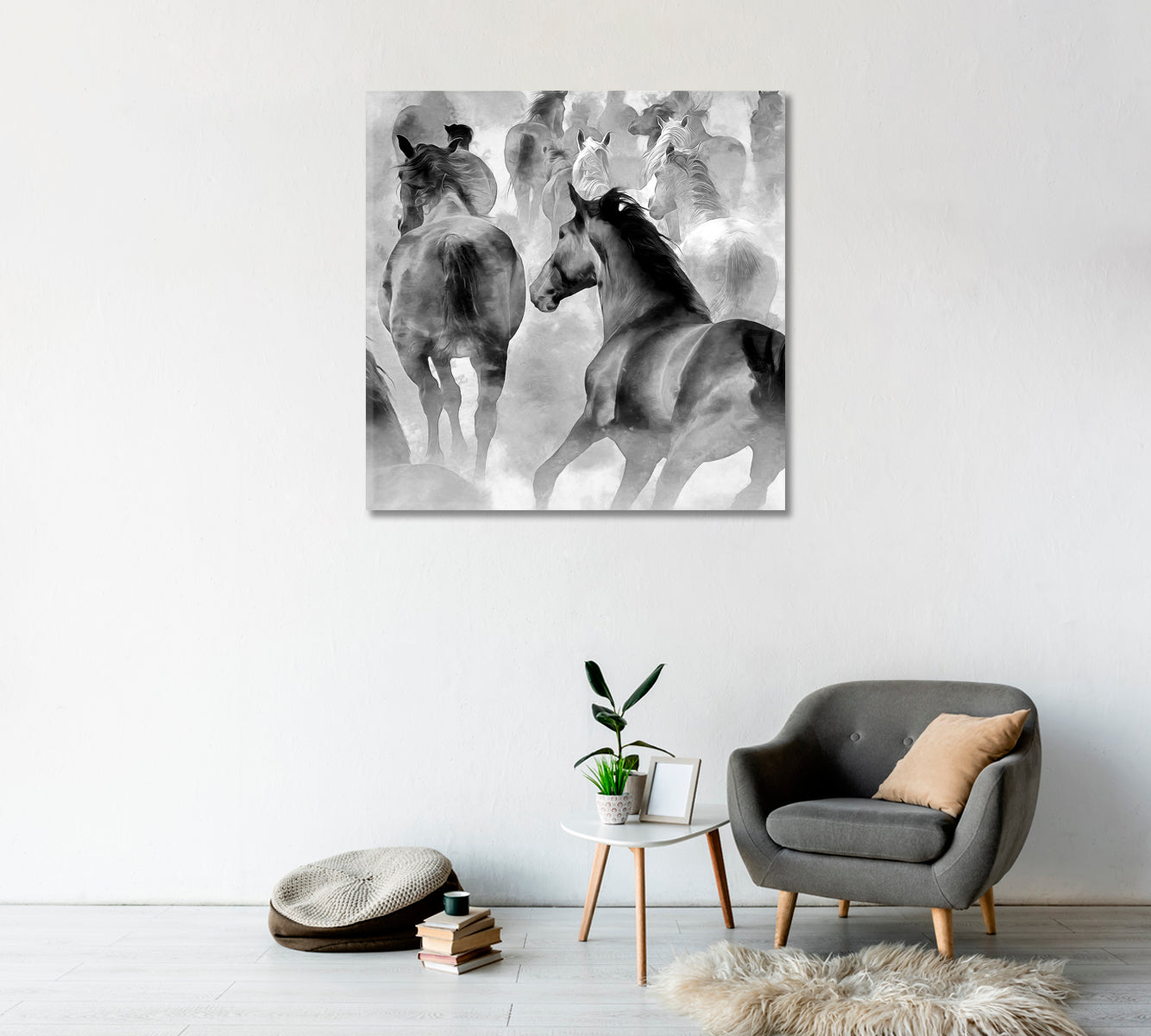 Horses Black and White Wall Decor-Canvas Print-CetArt-1 panel-12x12 inches-CetArt