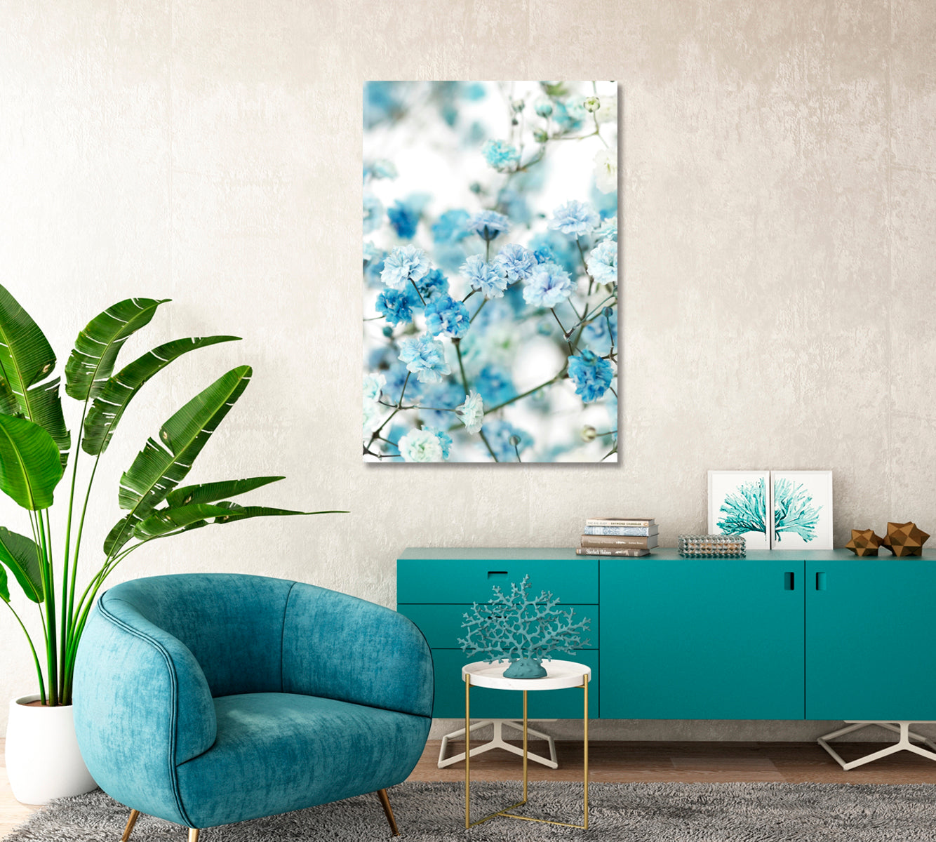 Blue Gypsophila Flowers Print Wall Art-Canvas Print-CetArt-1 panel-16x24 inches-CetArt