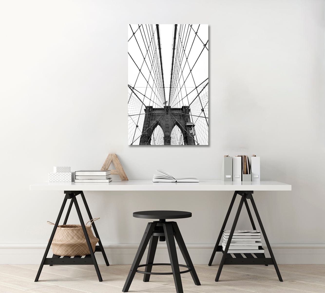 Brooklyn Bridge Black White Wall Art-Canvas Print-CetArt-1 panel-16x24 inches-CetArt