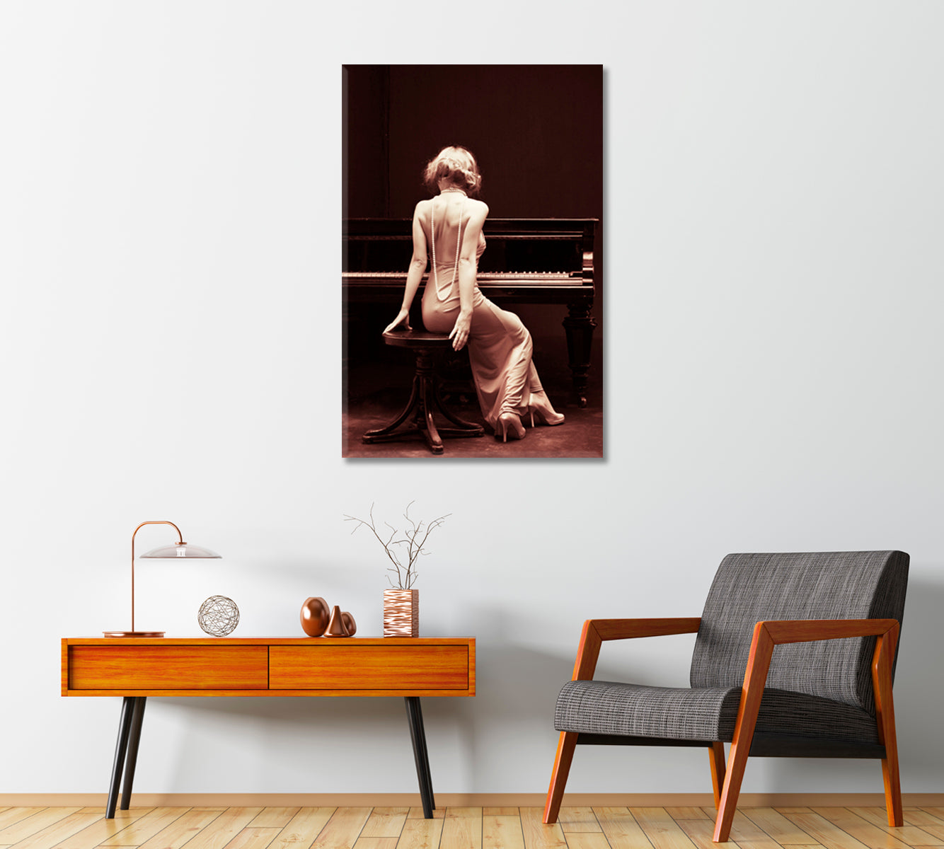 Woman with Piano Vintage Wall Art-Canvas Print-CetArt-1 panel-16x24 inches-CetArt