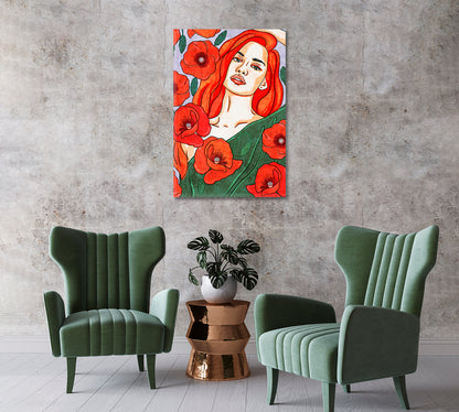 Woman with Poppy Flowers Art Canvas-Canvas Print-CetArt-1 panel-16x24 inches-CetArt