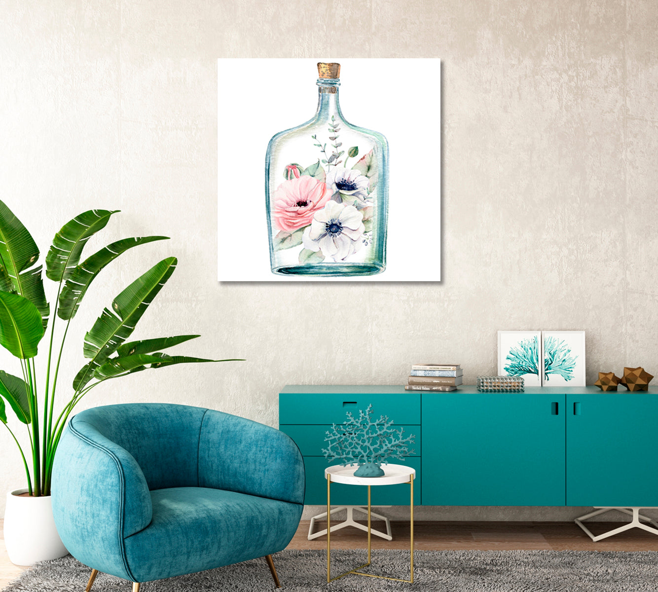 Flowers in Bottle Print Canvas Art-Canvas Print-CetArt-1 panel-12x12 inches-CetArt