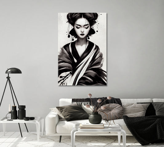 Geisha in Kimono Printing Art On Canvas-Canvas Print-CetArt-1 panel-16x24 inches-CetArt