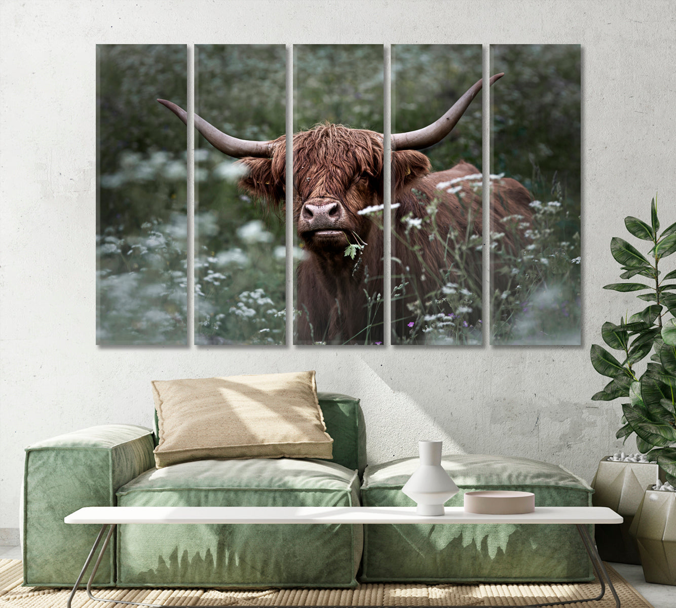 Highland Cow in Green Grass Wall Art Print-Canvas Print-CetArt-1 Panel-24x16 inches-CetArt