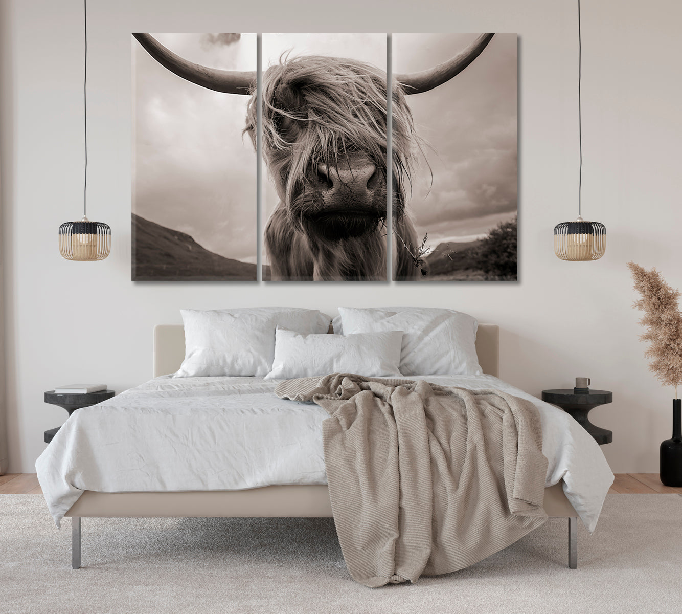 Highland Cow Black White Wall Art-Canvas Print-CetArt-1 Panel-24x16 inches-CetArt