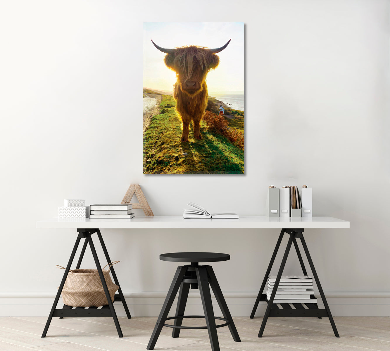 Highland Cow at Sunset Home Wall Art-Canvas Print-CetArt-1 panel-16x24 inches-CetArt