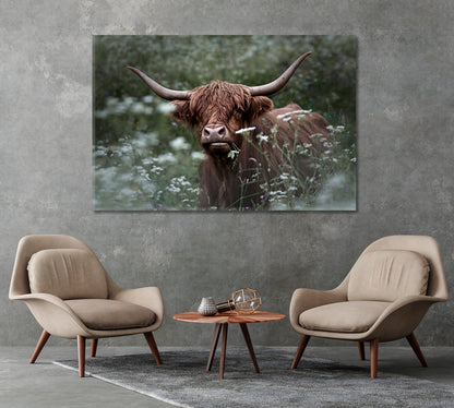 Highland Cow in Green Grass Wall Art Print-Canvas Print-CetArt-1 Panel-24x16 inches-CetArt