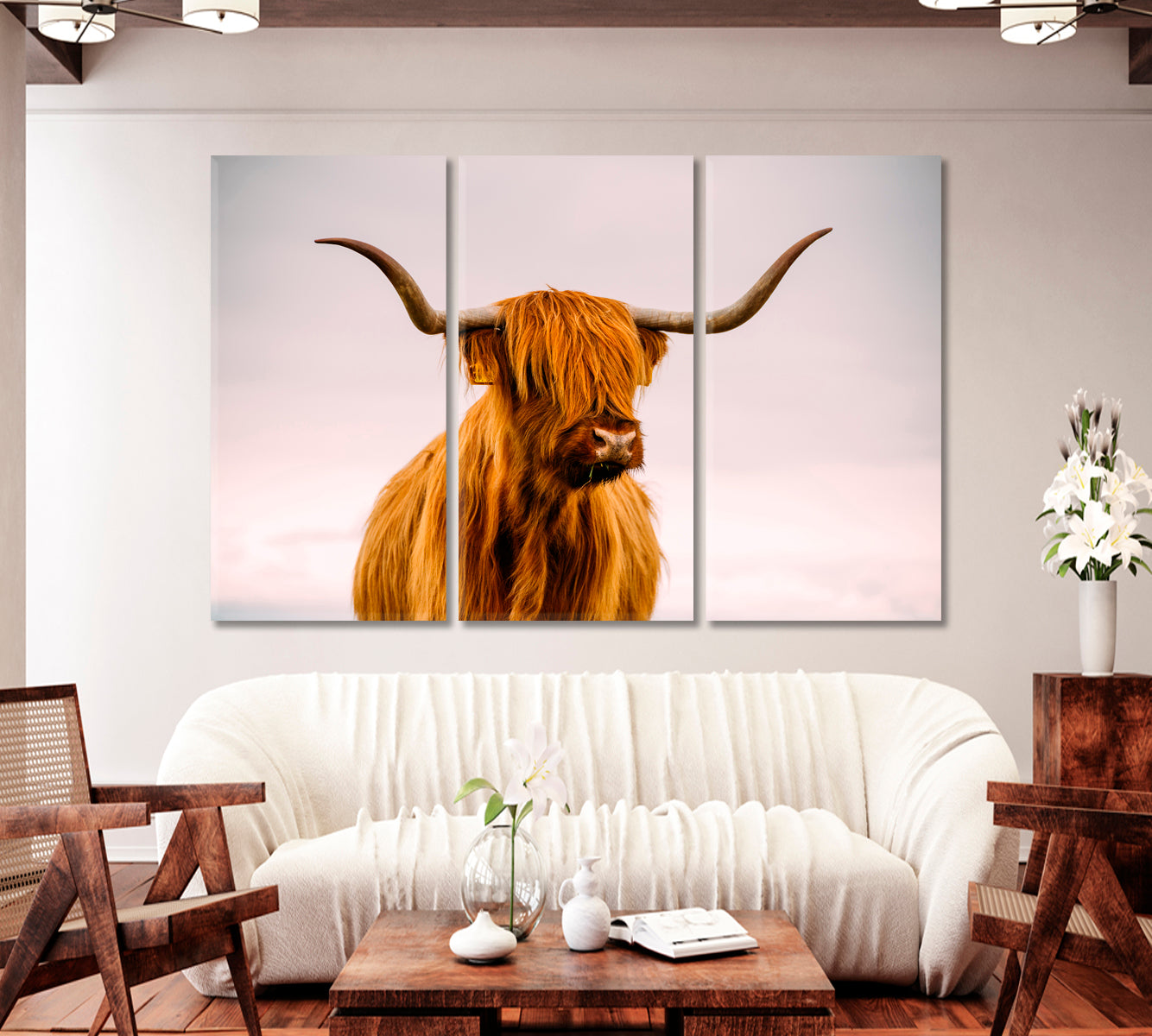 Highland Cow in Sunset Giclee Print-Canvas Print-CetArt-1 Panel-24x16 inches-CetArt