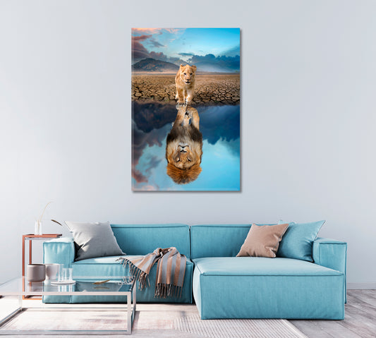 Lion Reflection Art for Living Room-Canvas Print-CetArt-1 panel-16x24 inches-CetArt