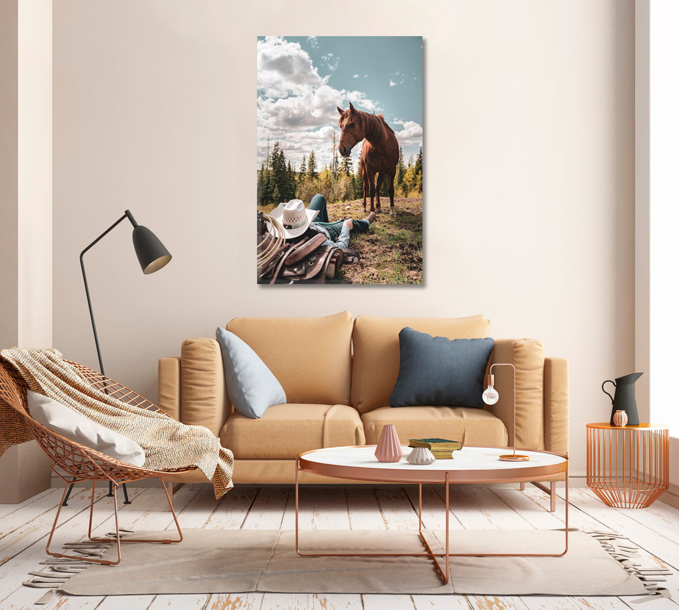 Cowboy with Horse Canvas Wall Art-Canvas Print-CetArt-1 panel-16x24 inches-CetArt