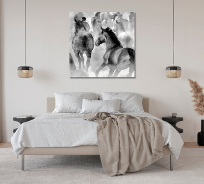 Horses Black and White Wall Decor-Canvas Print-CetArt-1 panel-12x12 inches-CetArt