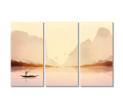 Fisherman in Boat Canvas Wall Art-Canvas Print-CetArt-3 Panels-36x24 inches-CetArt