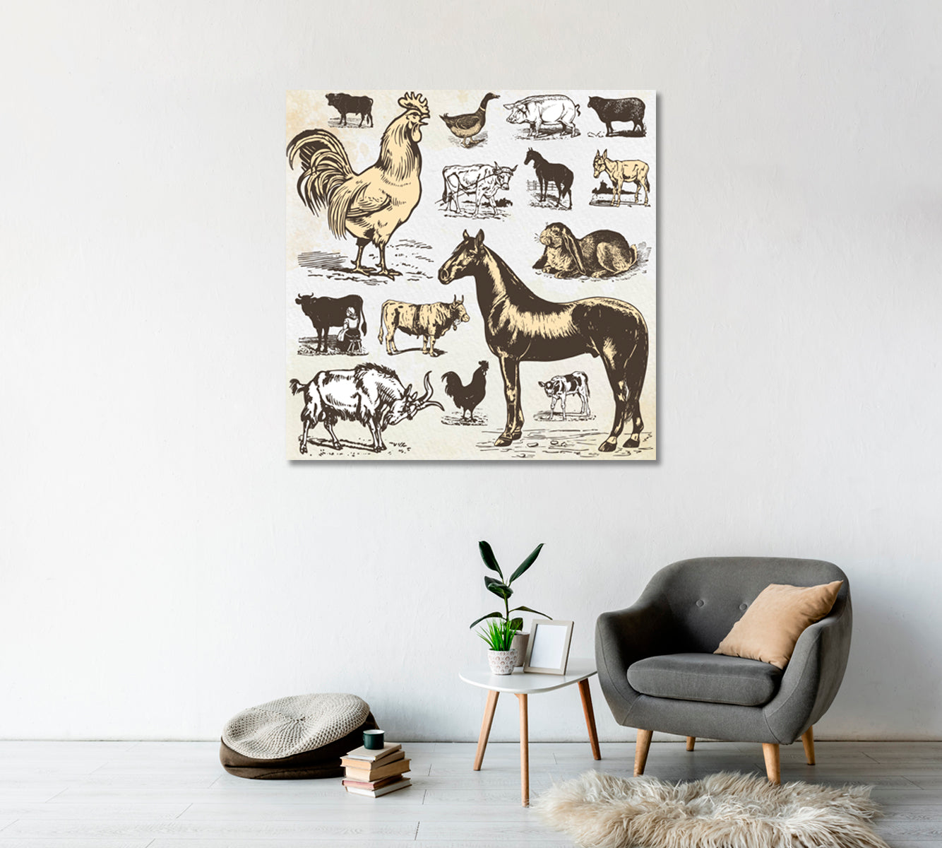 Farmhouse Animals Canvas Wall Art-Canvas Print-CetArt-1 panel-12x12 inches-CetArt