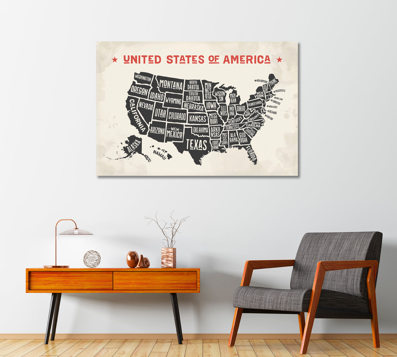 United States America Map Wall Art-Canvas Print-CetArt-1 Panel-24x16 inches-CetArt