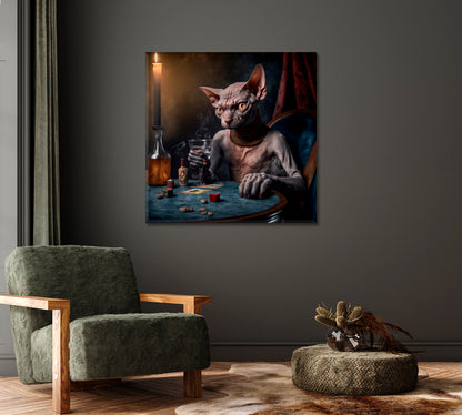 Sphynx Poker Cat Wall Art Decor-Canvas Print-CetArt-1 panel-12x12 inches-CetArt