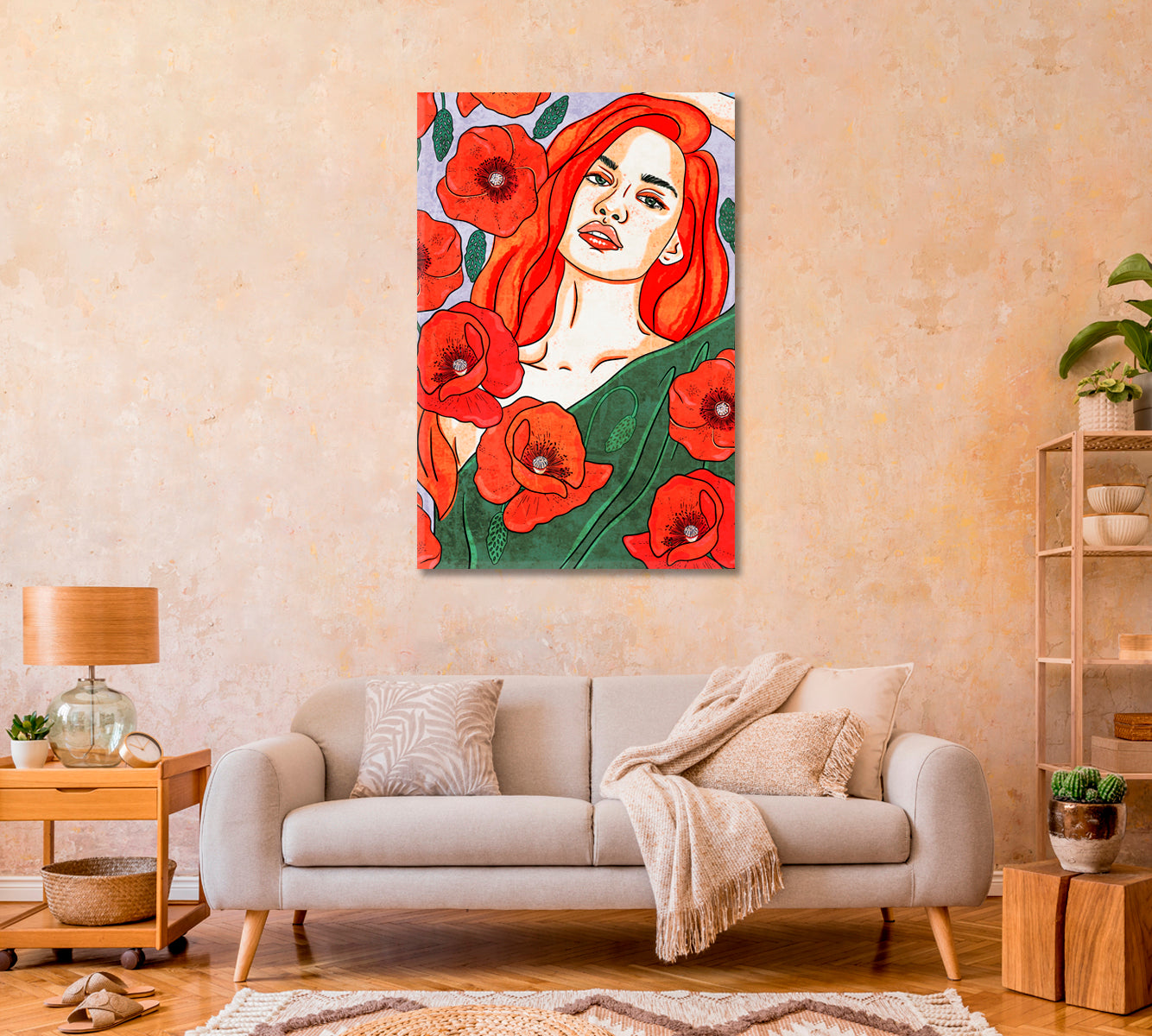 Woman with Poppy Flowers Art Canvas-Canvas Print-CetArt-1 panel-16x24 inches-CetArt