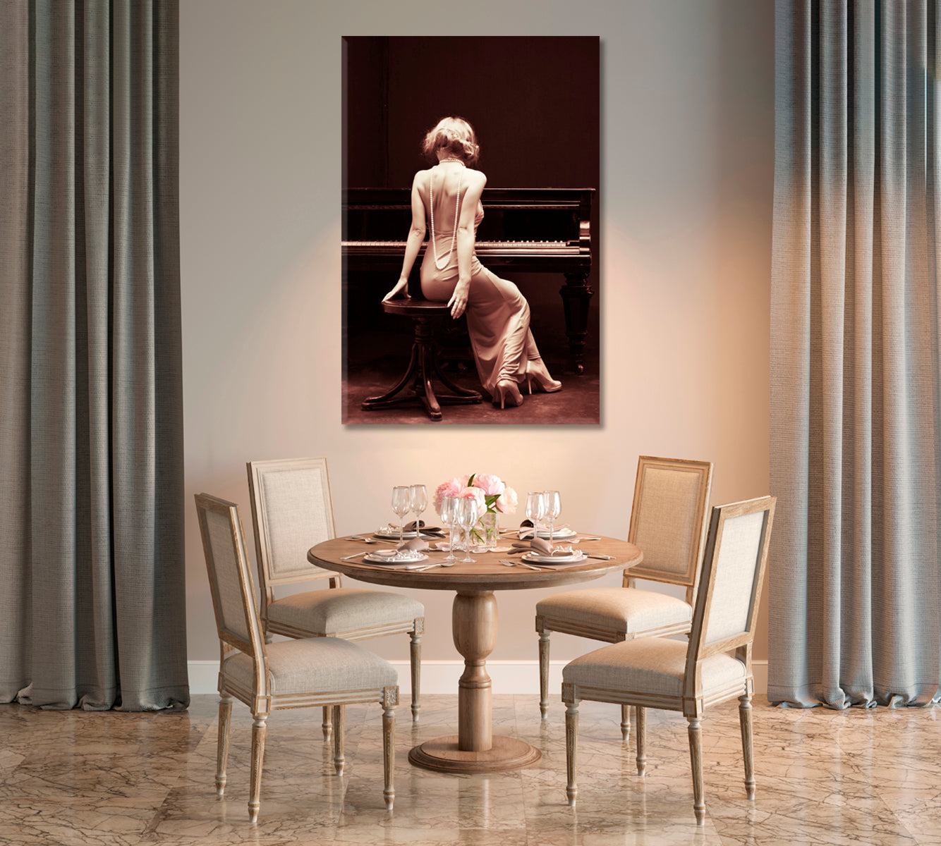 Woman with Piano Vintage Wall Art-Canvas Print-CetArt-1 panel-16x24 inches-CetArt