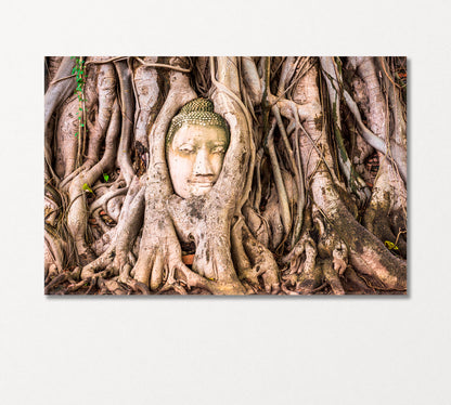 Buddha Head in Roots of Old Tree Banyan Thailand Canvas Print-Canvas Print-CetArt-1 Panel-24x16 inches-CetArt