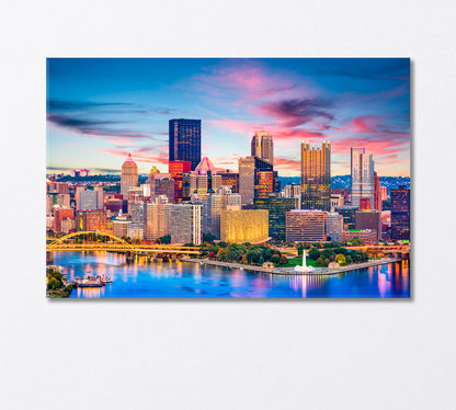 Colorful Skyscrapers of Pittsburgh at Dusk USA Canvas Print-Canvas Print-CetArt-1 Panel-24x16 inches-CetArt