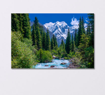 Spruce Forest near a Stormy River and Snowy Mountains Kyrgyzstan Canvas Print-Canvas Print-CetArt-1 Panel-24x16 inches-CetArt