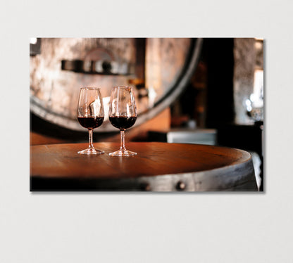 Two Glasses of Red Wine on Wooden Barrel Canvas Print-Canvas Print-CetArt-1 Panel-24x16 inches-CetArt