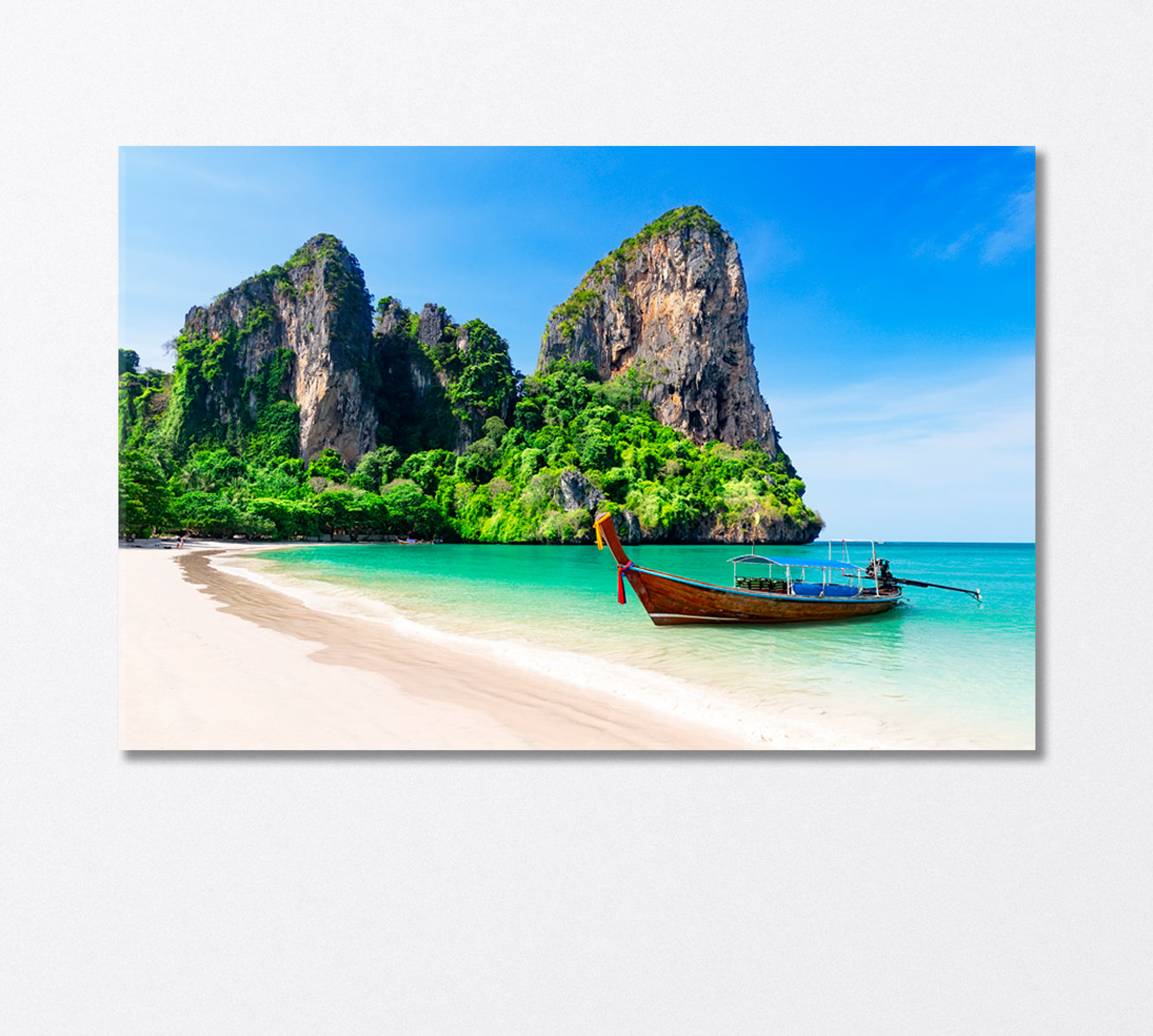 Thai Traditional Wooden Boat at Railay Beach in Thailand Canvas Print-Canvas Print-CetArt-1 Panel-24x16 inches-CetArt