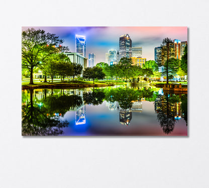 Reflection of Charlotte Lights in Marshall Park Pond Canvas Print-Canvas Print-CetArt-1 Panel-24x16 inches-CetArt