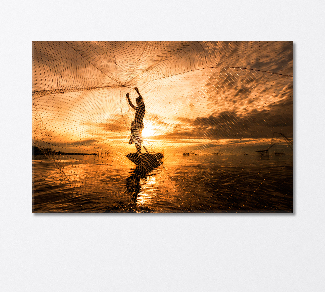 Fisherman Silhouette on Boat with Fishing Net Canvas Print-Canvas Print-CetArt-1 Panel-24x16 inches-CetArt