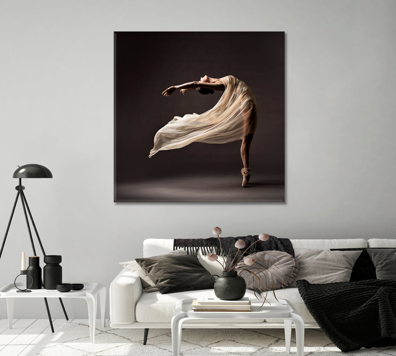 Flexible Ballerina in Delicate Silk Dress and Pointes Canvas Print-Canvas Print-CetArt-1 panel-12x12 inches-CetArt