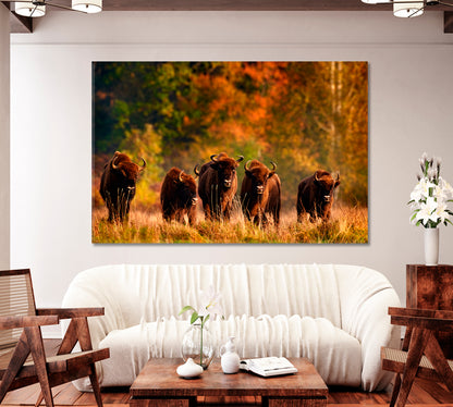 Bison Herd in the Autumn Forest Canvas Print-Canvas Print-CetArt-1 Panel-24x16 inches-CetArt