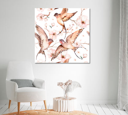 Watercolor Spring Flying Swallows Canvas Print-Canvas Print-CetArt-1 panel-12x12 inches-CetArt