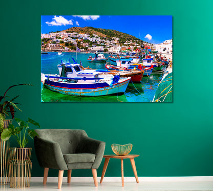 Fishing Village with Boats Leros Island Dodecanese Greece Canvas Print-Canvas Print-CetArt-1 Panel-24x16 inches-CetArt