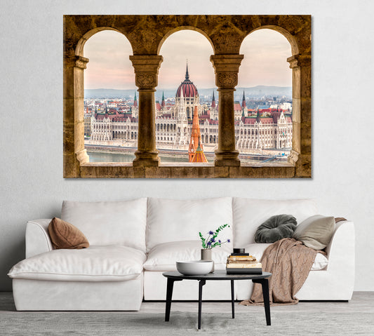 Budapest Parliament View Through Fisherman's Bastion Hungary Canvas Print-Canvas Print-CetArt-1 Panel-24x16 inches-CetArt