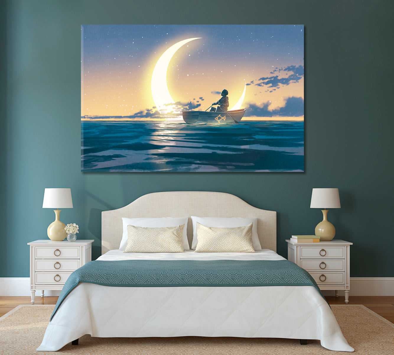 Man in Boat at Sea with Crescent Canvas Print-Canvas Print-CetArt-1 Panel-24x16 inches-CetArt