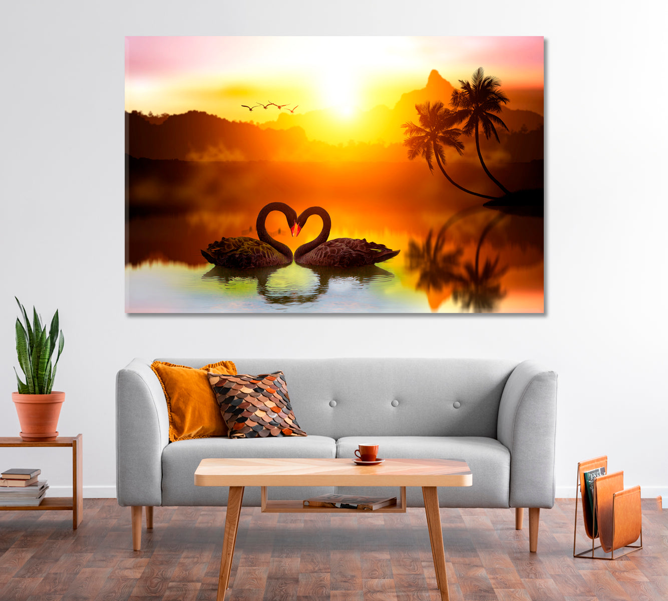 Pair of Black Swans in Heart Shape Canvas Print-Canvas Print-CetArt-1 Panel-24x16 inches-CetArt