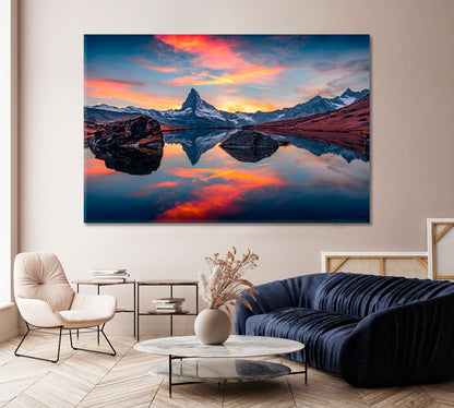 Matterhorn Mirroring in Lake Stellisee Switzerland Canvas Print-Canvas Print-CetArt-1 Panel-24x16 inches-CetArt