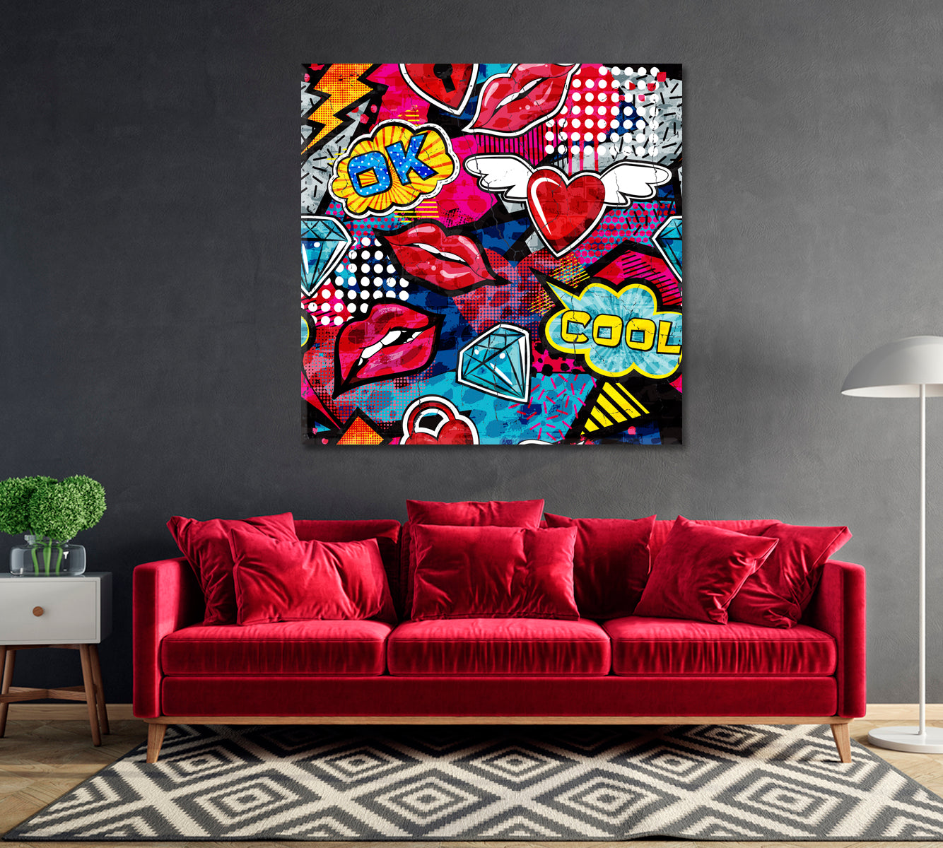 Bright Graffiti with Lips Canvas Print-Canvas Print-CetArt-1 panel-12x12 inches-CetArt