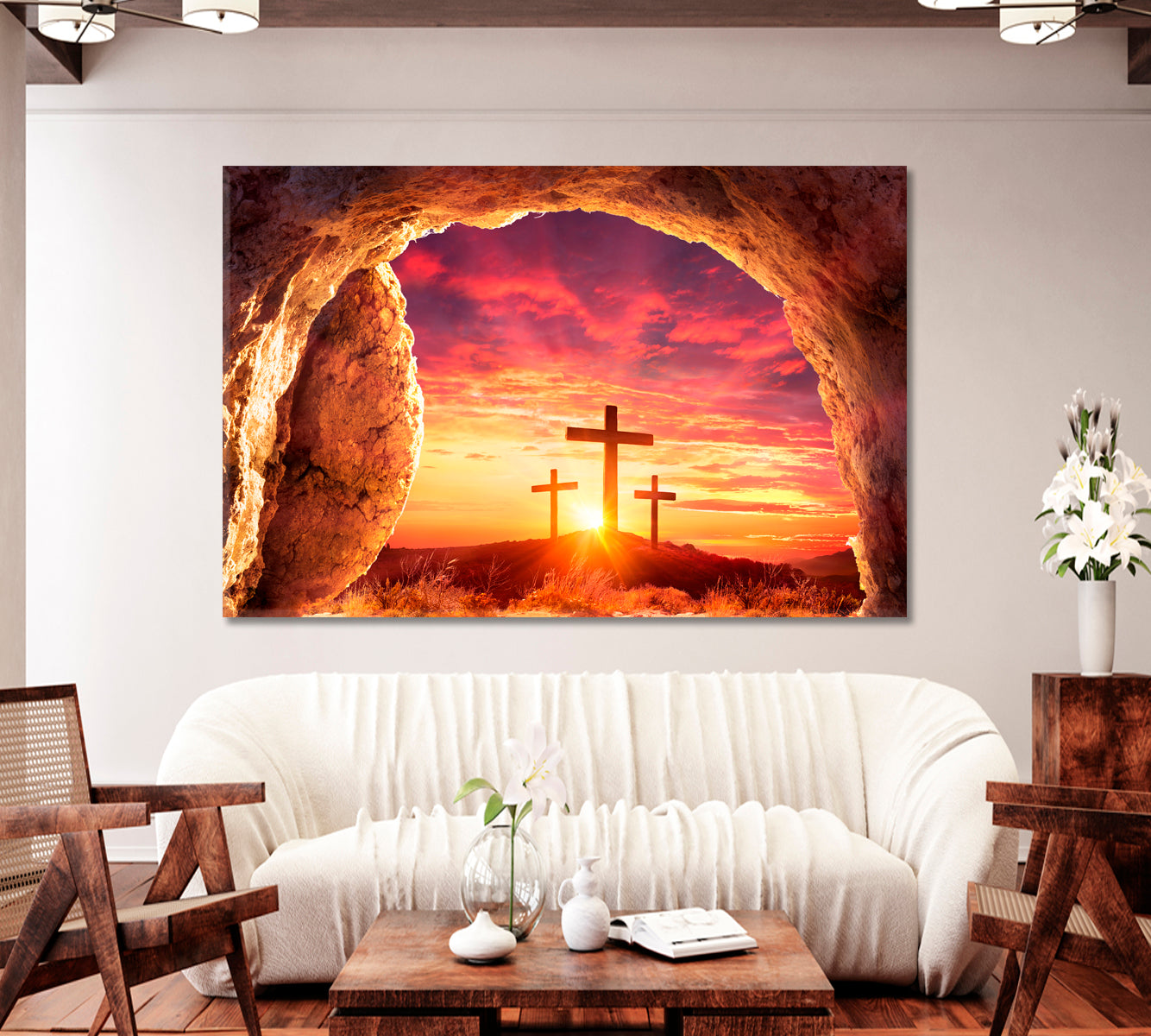 Empty Tomb With Three Crosses On Hill Canvas Print-Canvas Print-CetArt-1 Panel-24x16 inches-CetArt