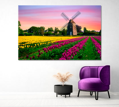 Windmill in Beautiful Color Tulips Field Canvas Print-Canvas Print-CetArt-1 Panel-24x16 inches-CetArt