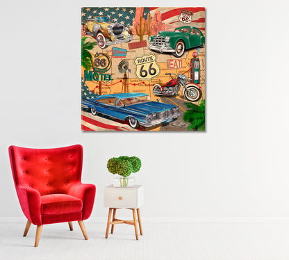 Vintage Route 66 with Retro Cars Canvas Print-Canvas Print-CetArt-1 panel-12x12 inches-CetArt