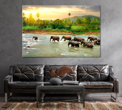 Herd of Elephants in River Canvas Print-Canvas Print-CetArt-1 Panel-24x16 inches-CetArt