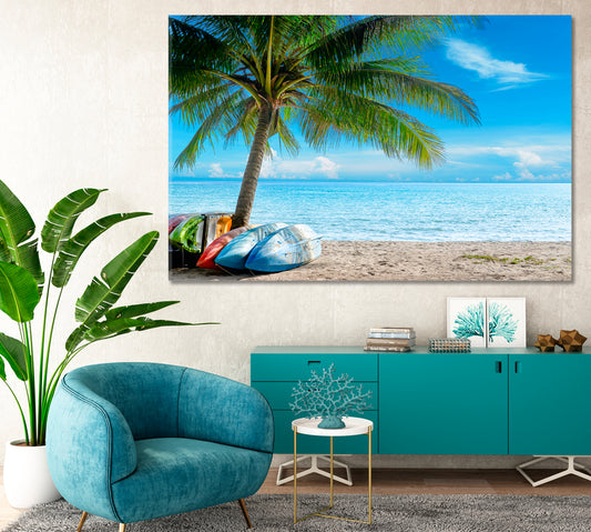 Kayak on Sunny Tropical Beach with Palm Trees Canvas Print-Canvas Print-CetArt-1 Panel-24x16 inches-CetArt