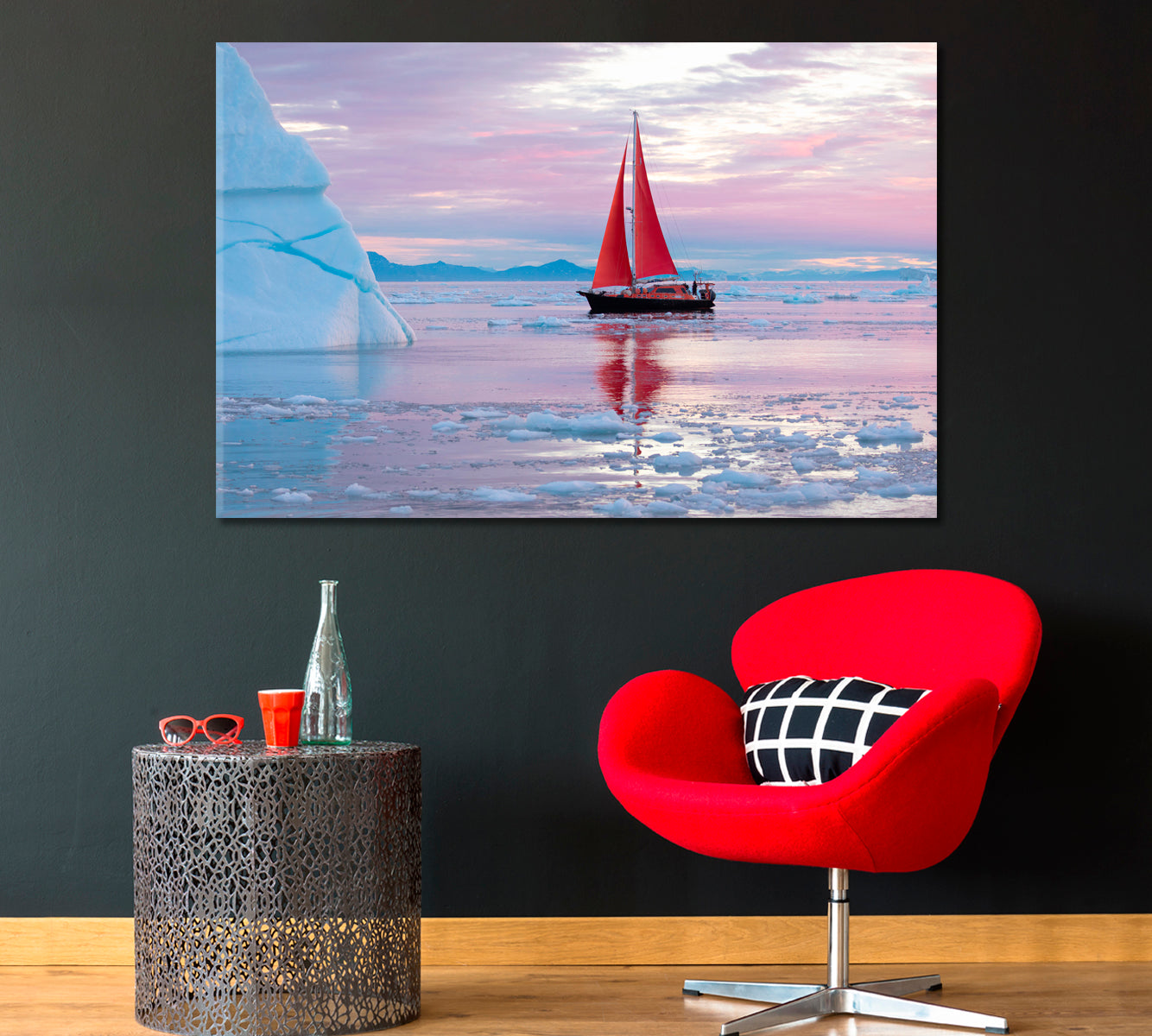 Red Sailboat Near Massive Iceberg Greenland Canvas Print-Canvas Print-CetArt-1 Panel-24x16 inches-CetArt