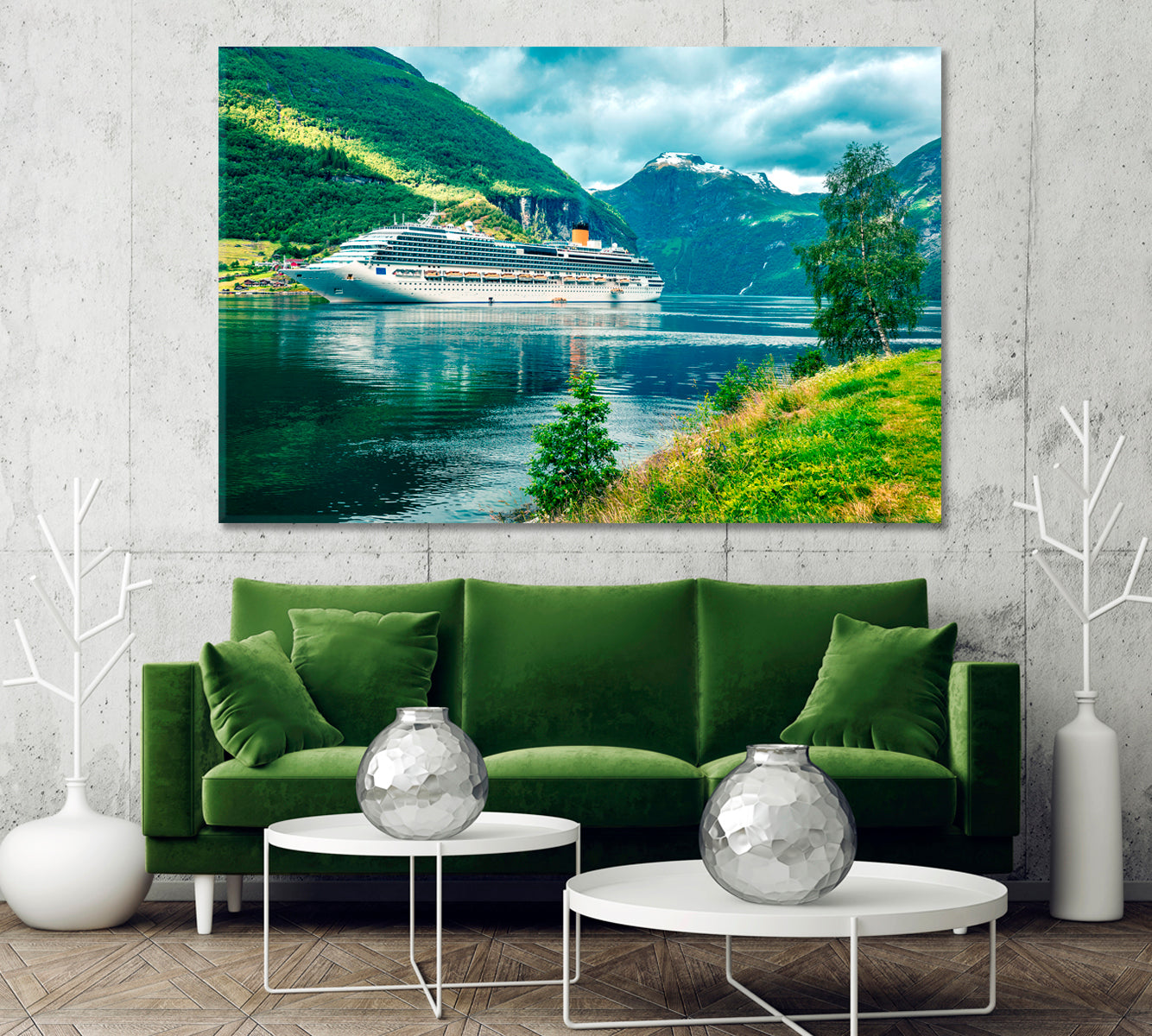 Green Geiranger Fjord with Cruise Ship Norway Canvas Print-Canvas Print-CetArt-1 Panel-24x16 inches-CetArt