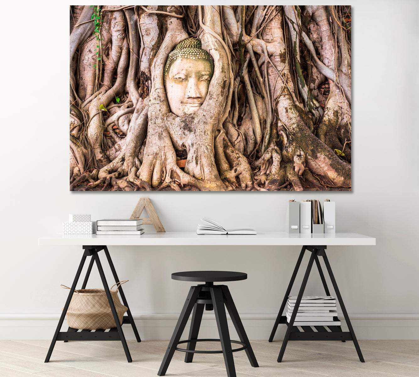 Buddha Head in Roots of Old Tree Banyan Thailand Canvas Print-Canvas Print-CetArt-1 Panel-24x16 inches-CetArt