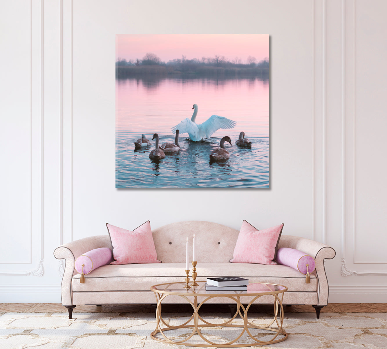 Swans Family in Pink Lake Canvas Print-Canvas Print-CetArt-1 panel-12x12 inches-CetArt