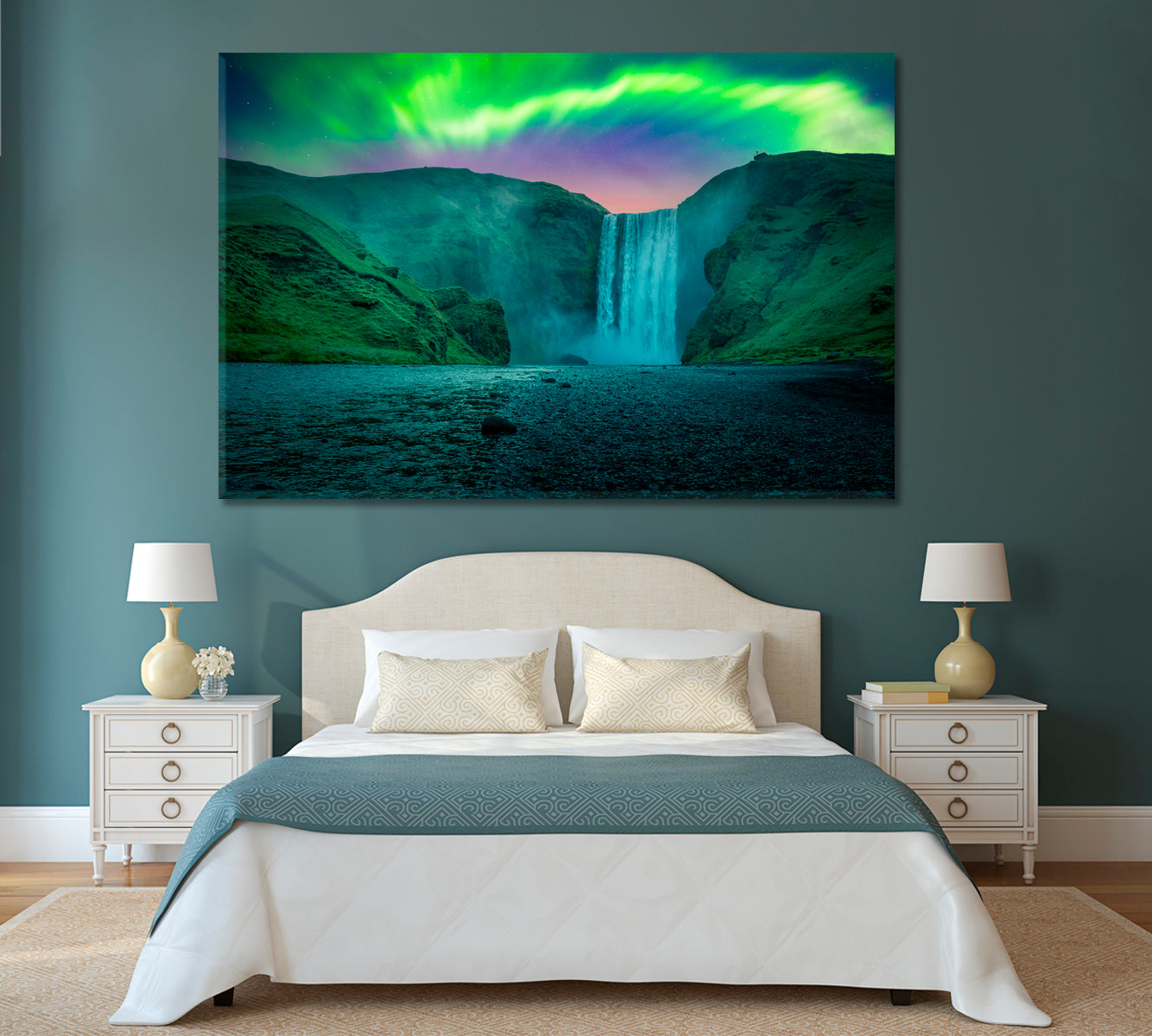 Skogafoss Waterfall with Green Aurora Light Skoga River Iceland Canvas Print-Canvas Print-CetArt-1 Panel-24x16 inches-CetArt